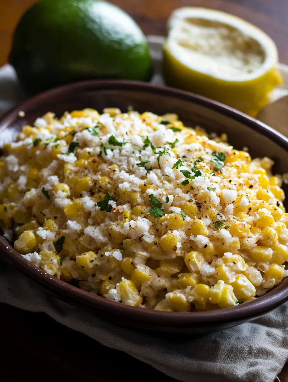 A bowl of food with white cheese and corn.
