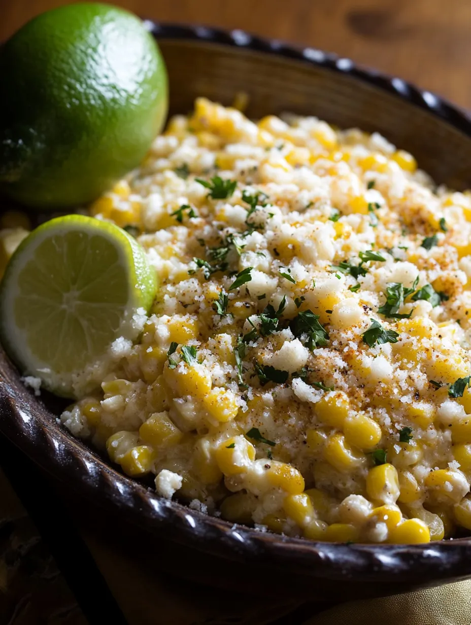 A bowl of food with limes and corn.