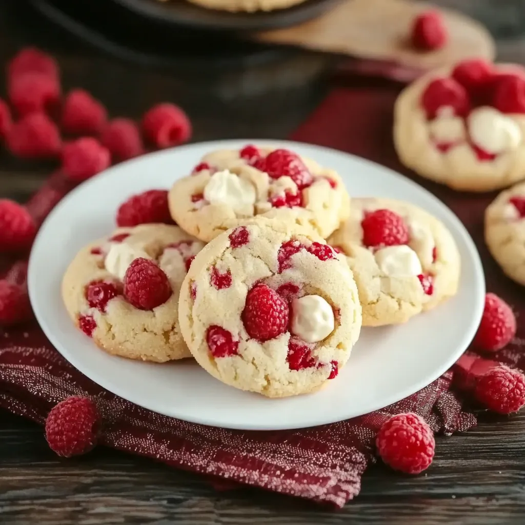A plate of cookies with raspberries on top.