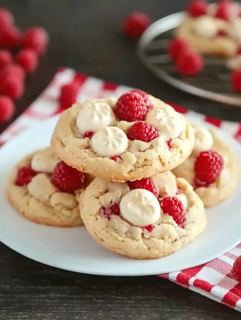 A plate of cookies with white frosting and raspberries on top.