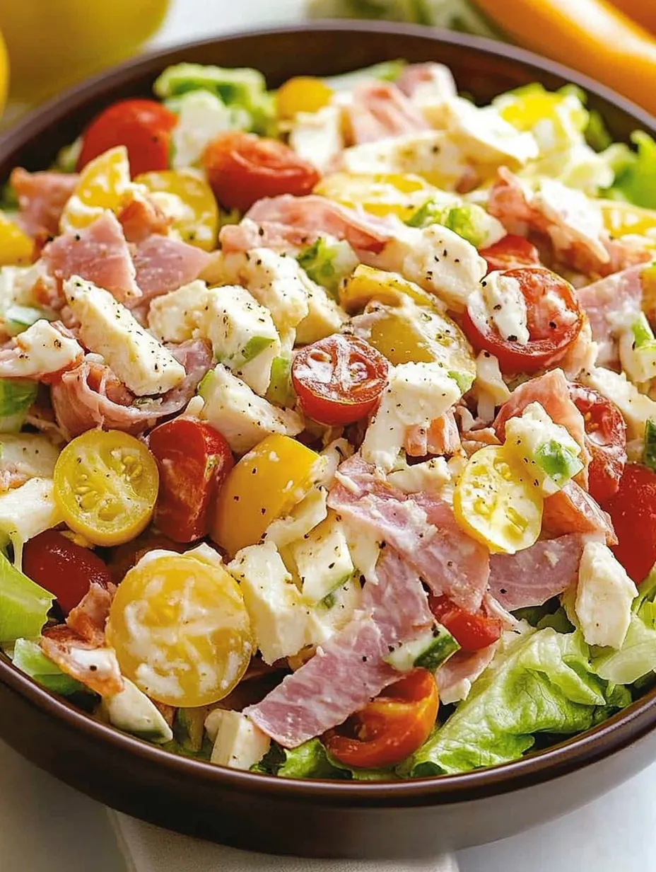 A salad with tomatoes, lettuce, ham, and cheese.