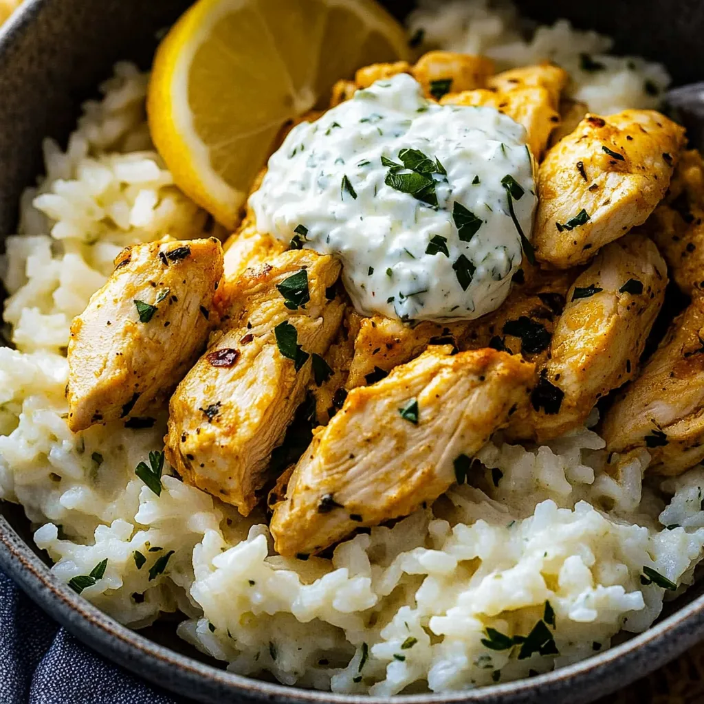 A bowl of rice with chicken and lemon.