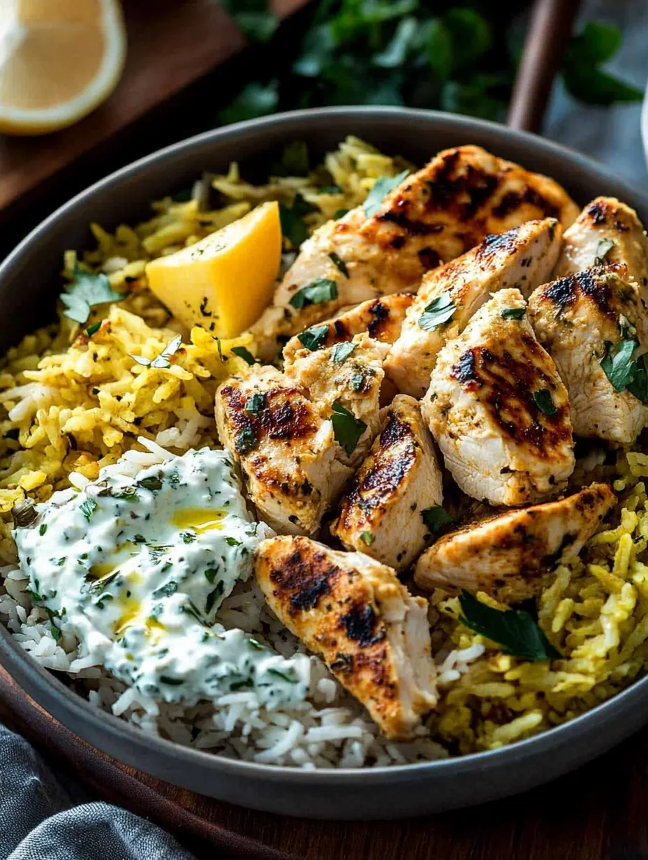 A bowl of rice with chicken and sauce.