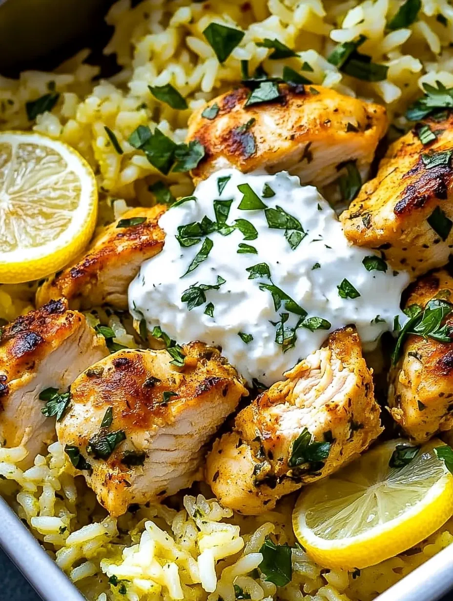 A plate of food with rice, chicken, and lemon wedges.