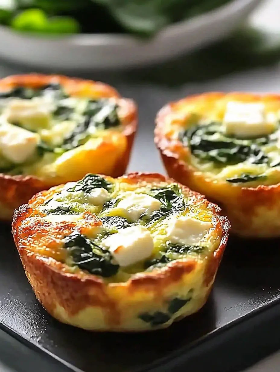 Three small quiches with spinach and cheese.