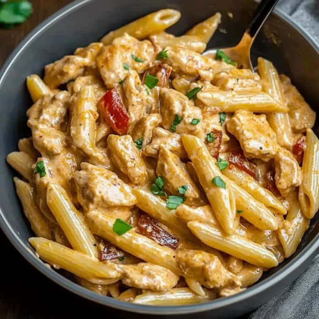 A bowl of pasta with chicken and tomatoes.