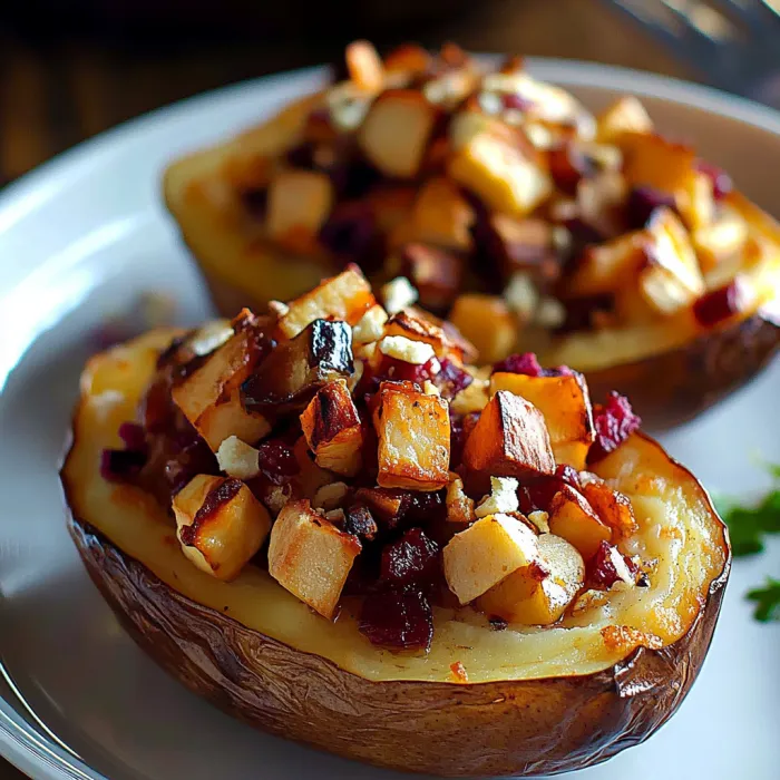 A plate of food with two potatoes on it.