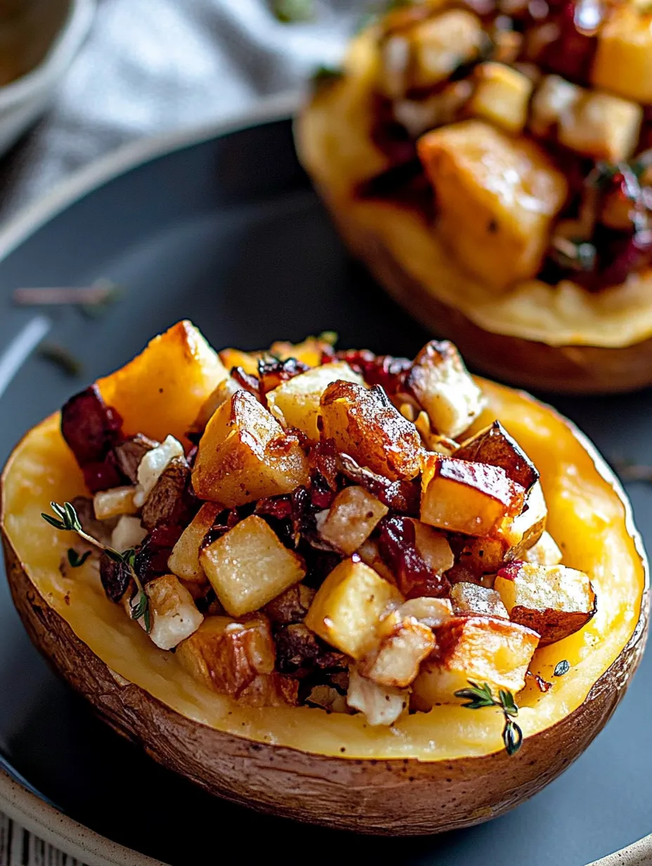 A plate of food with a baked potato and a pile of food on top.