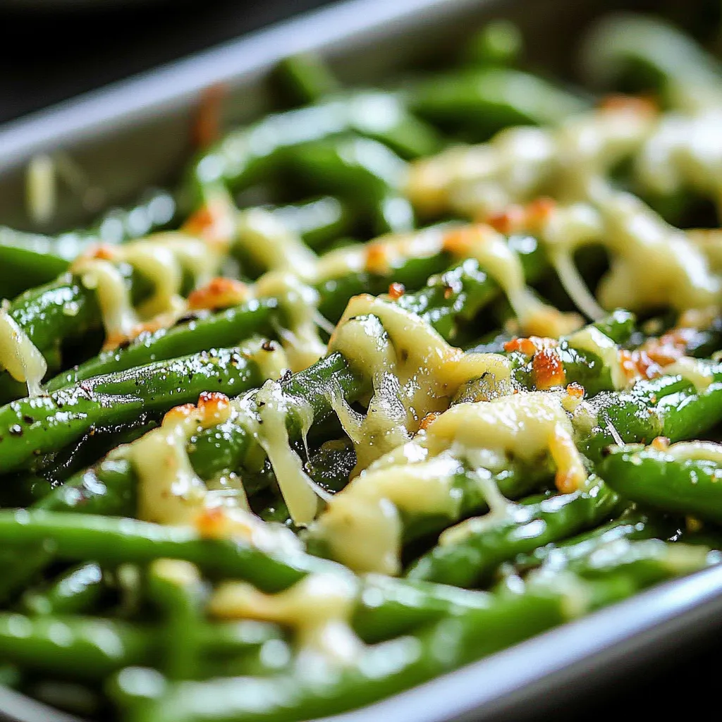 A pan of green beans with cheese.