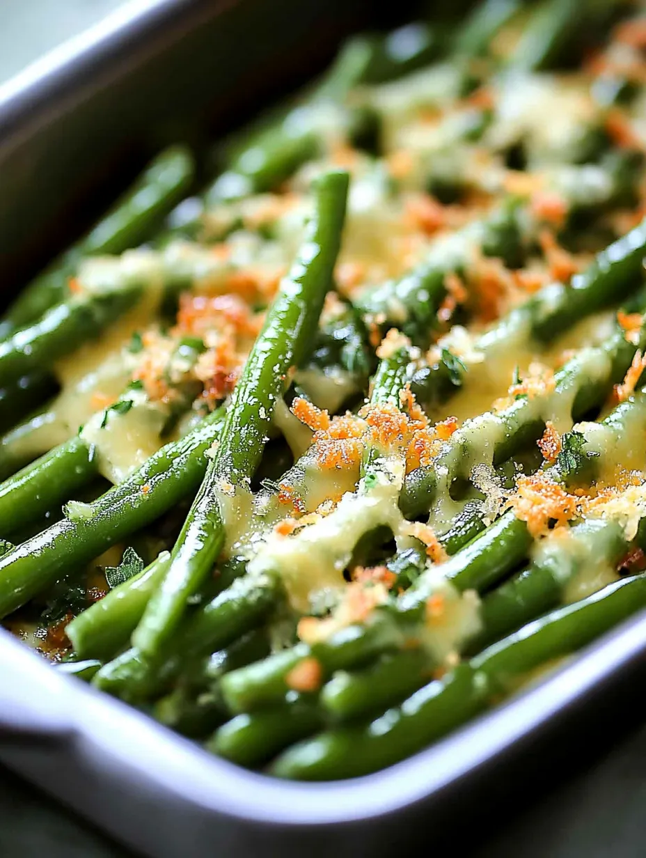 A dish of green beans with cheese.