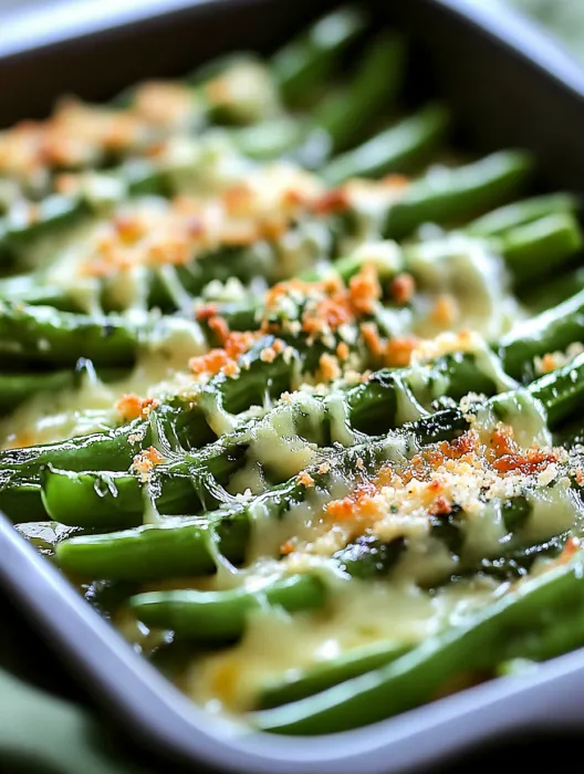 A pan of food with green beans and cheese.