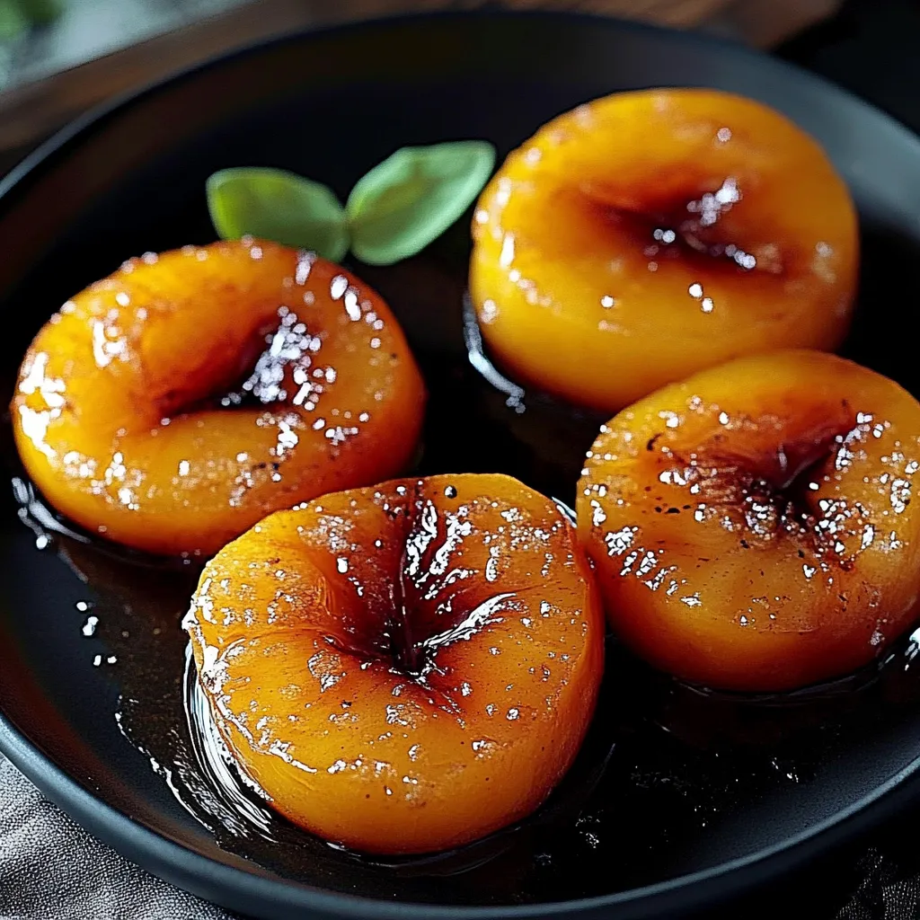 Three sliced peaches on a plate.