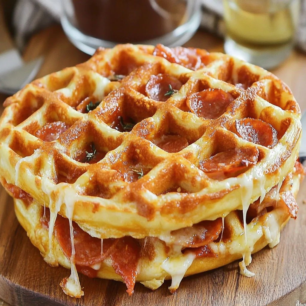 A waffle with pepperoni and cheese.