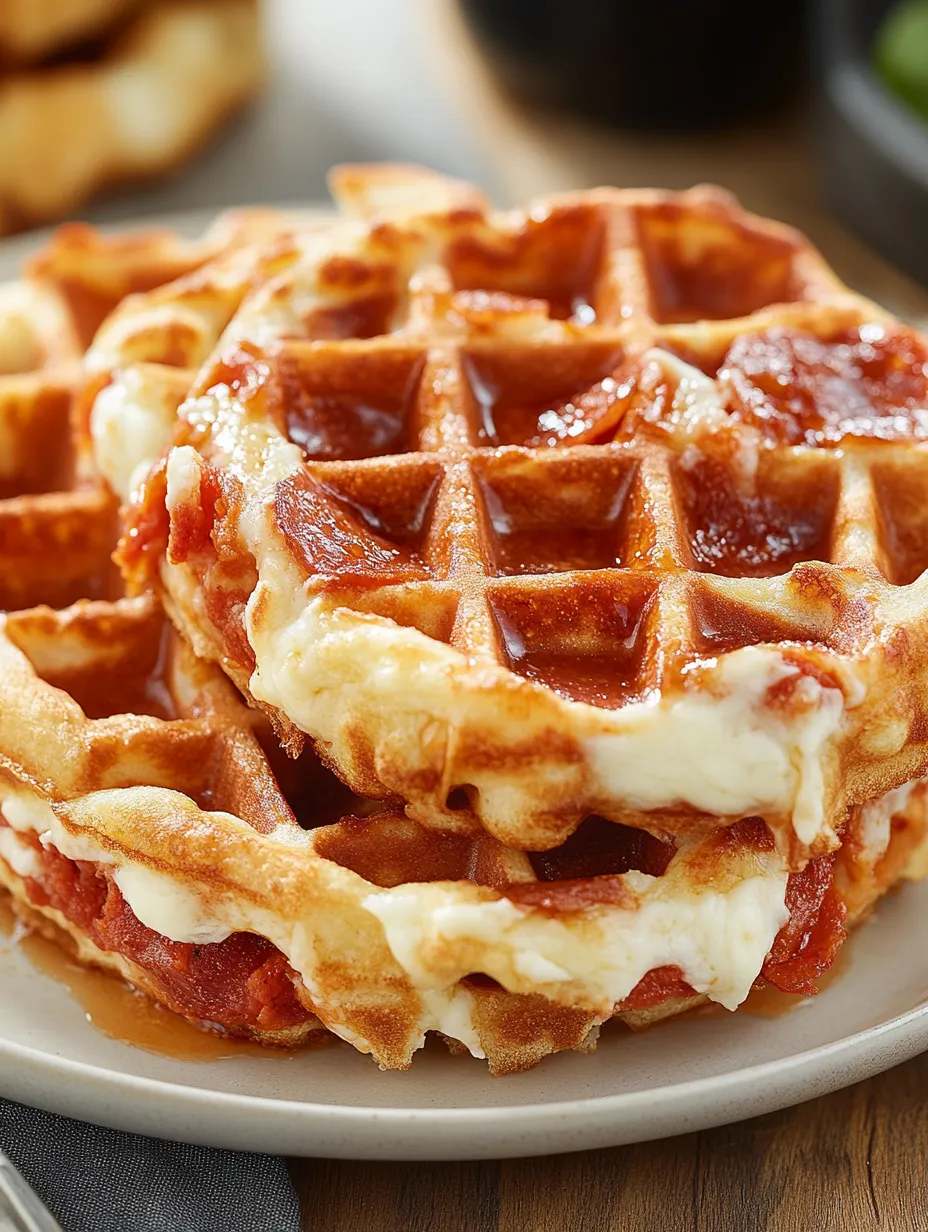 A stack of waffles with cheese on top.