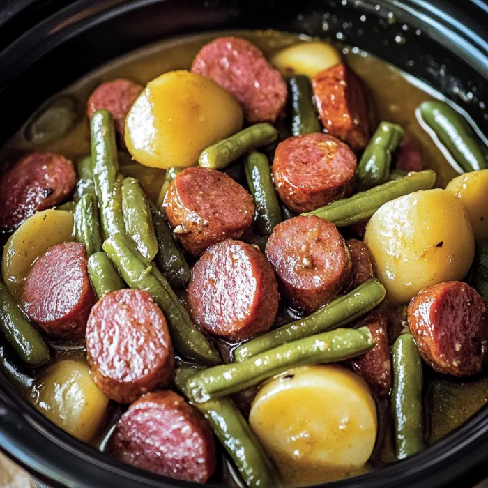 A bowl of food with sausage, potatoes, and green beans.