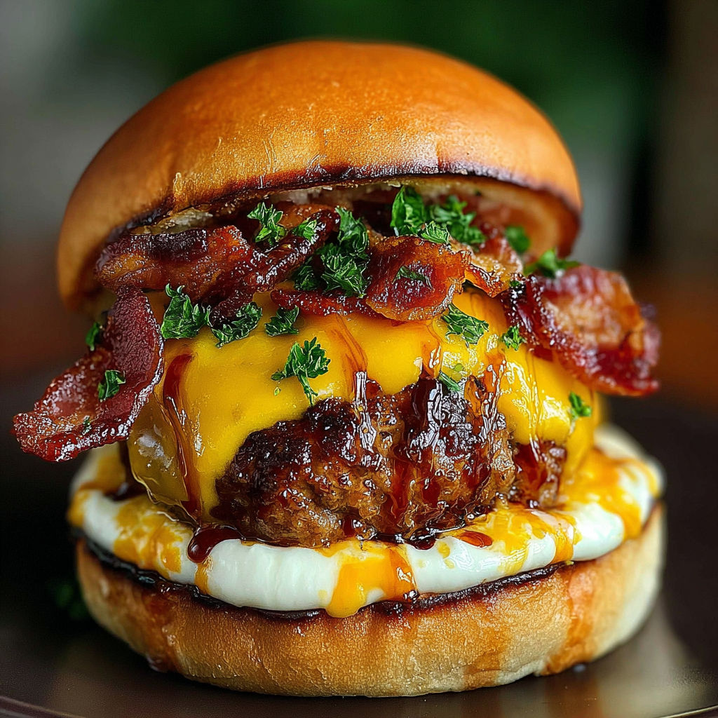 A close up of a bacon cheeseburger with meatballs.
