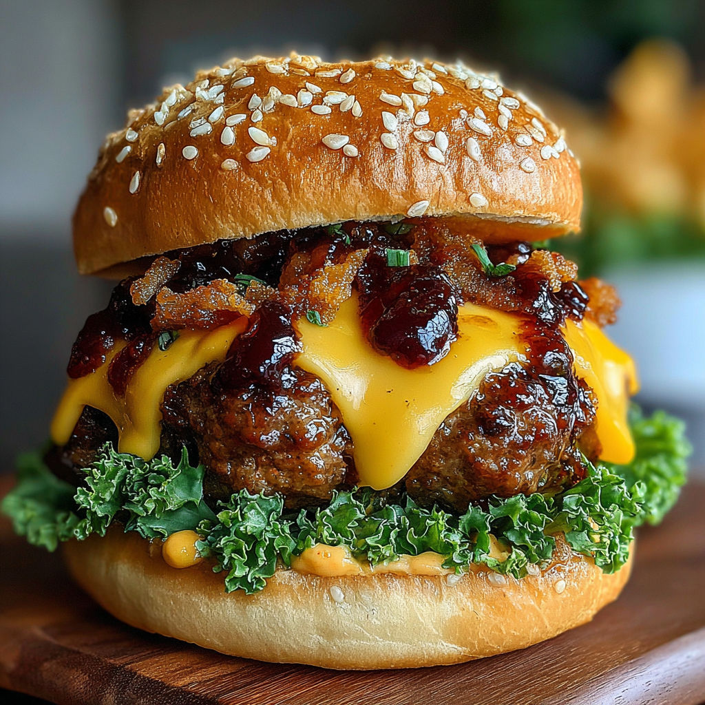 A close up of a bacon cheeseburger with meatballs.
