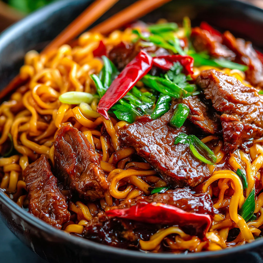 A bowl of beef noodles with peppers and onions.