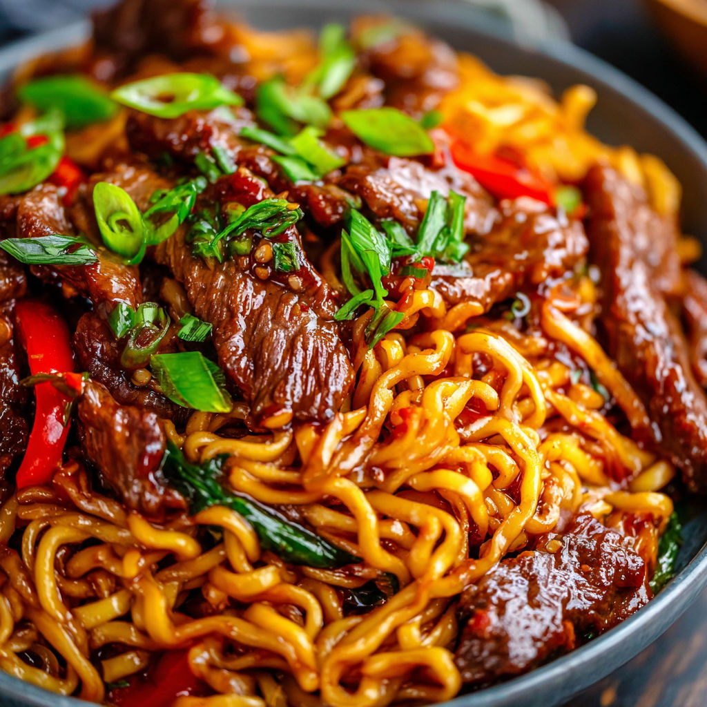 A bowl of noodles with meat and vegetables.