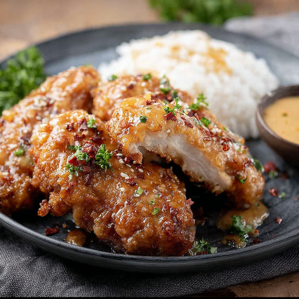 A plate of bang bang chicken with rice.