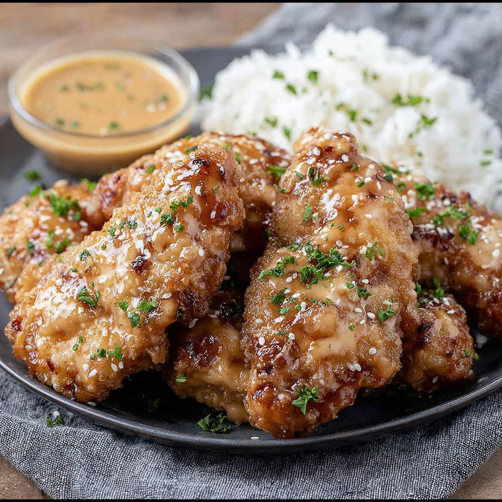 A plate of food with rice and chicken.