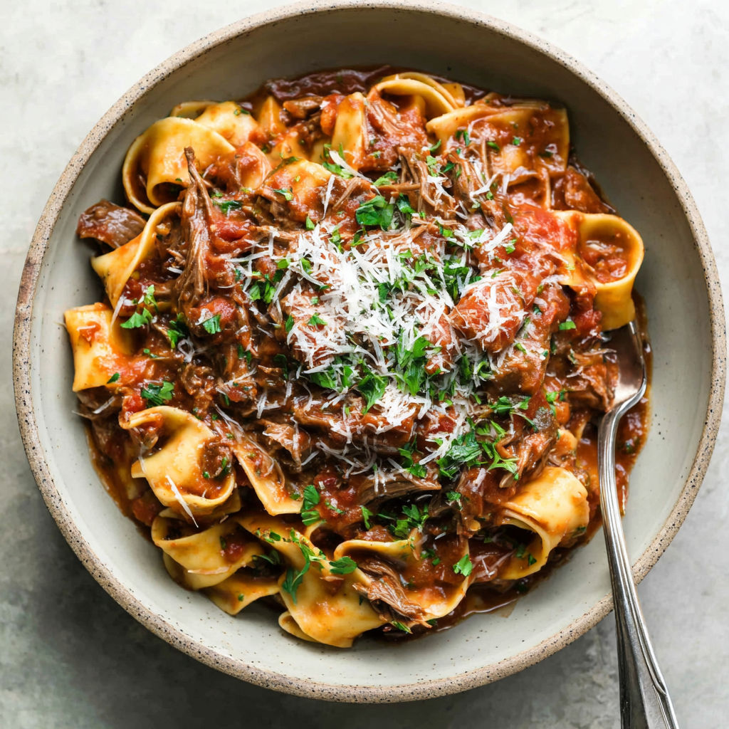 A bowl of pasta with meat sauce.