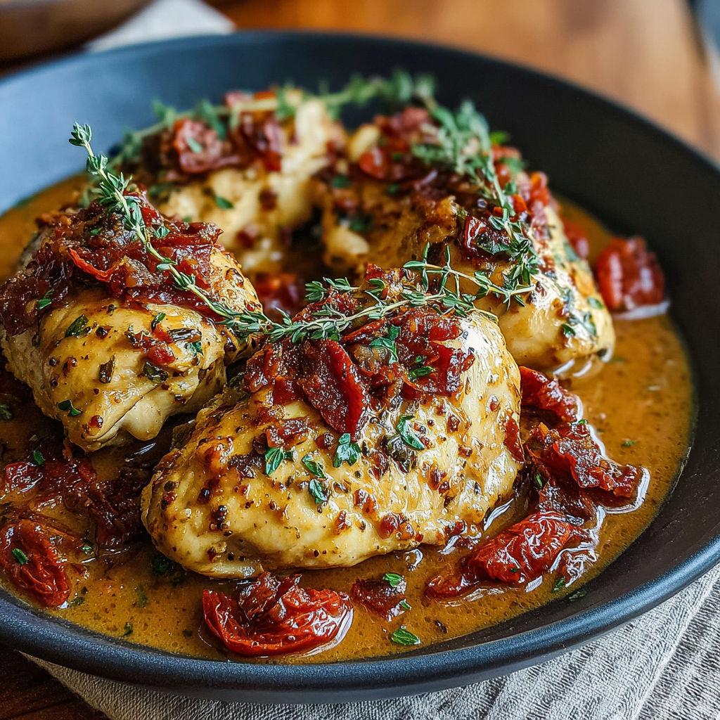 A bowl of chicken with red peppers and herbs.
