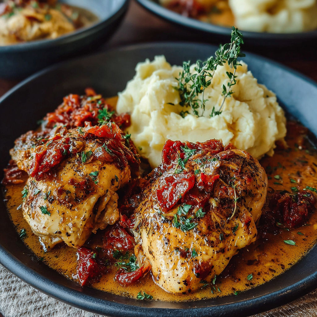 A plate of food with chicken and potatoes.
