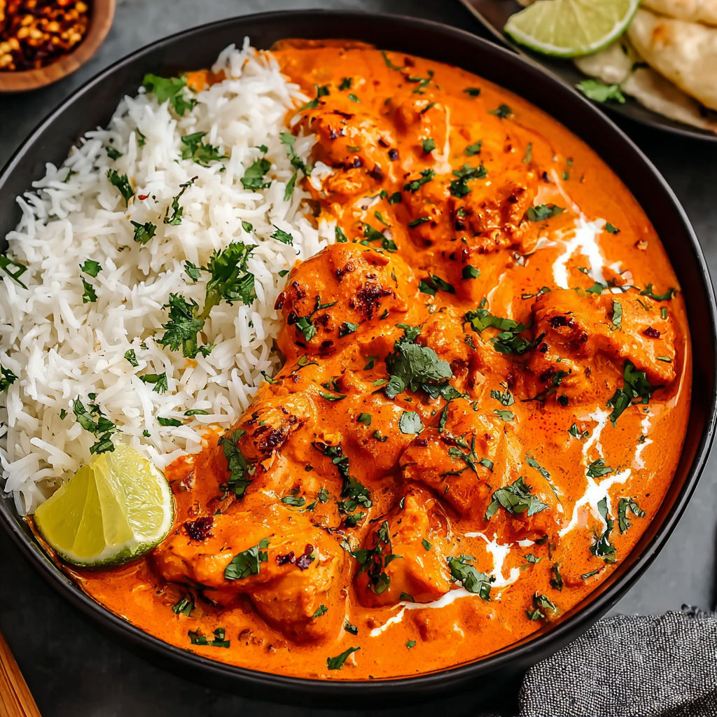 A bowl of slow cooker butter chicken with rice and lime.