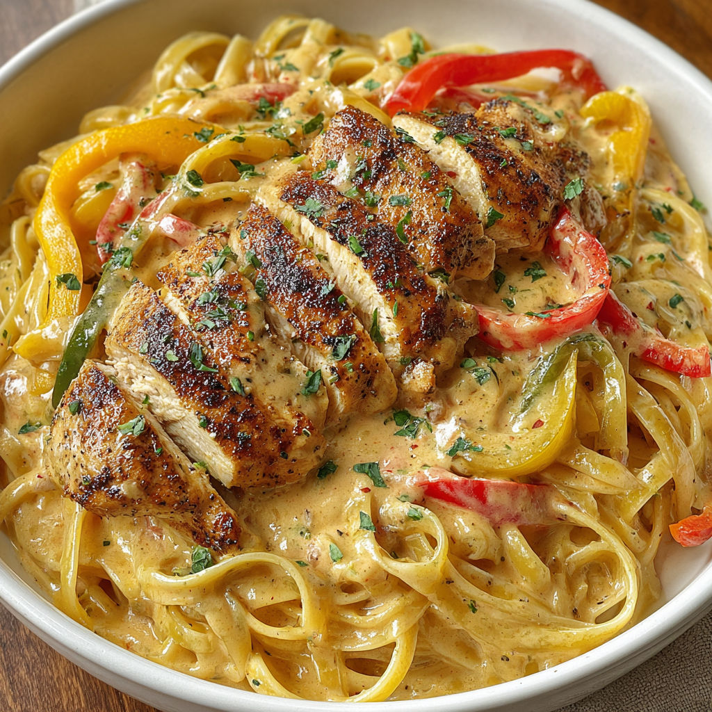 A bowl of pasta with chicken and peppers.