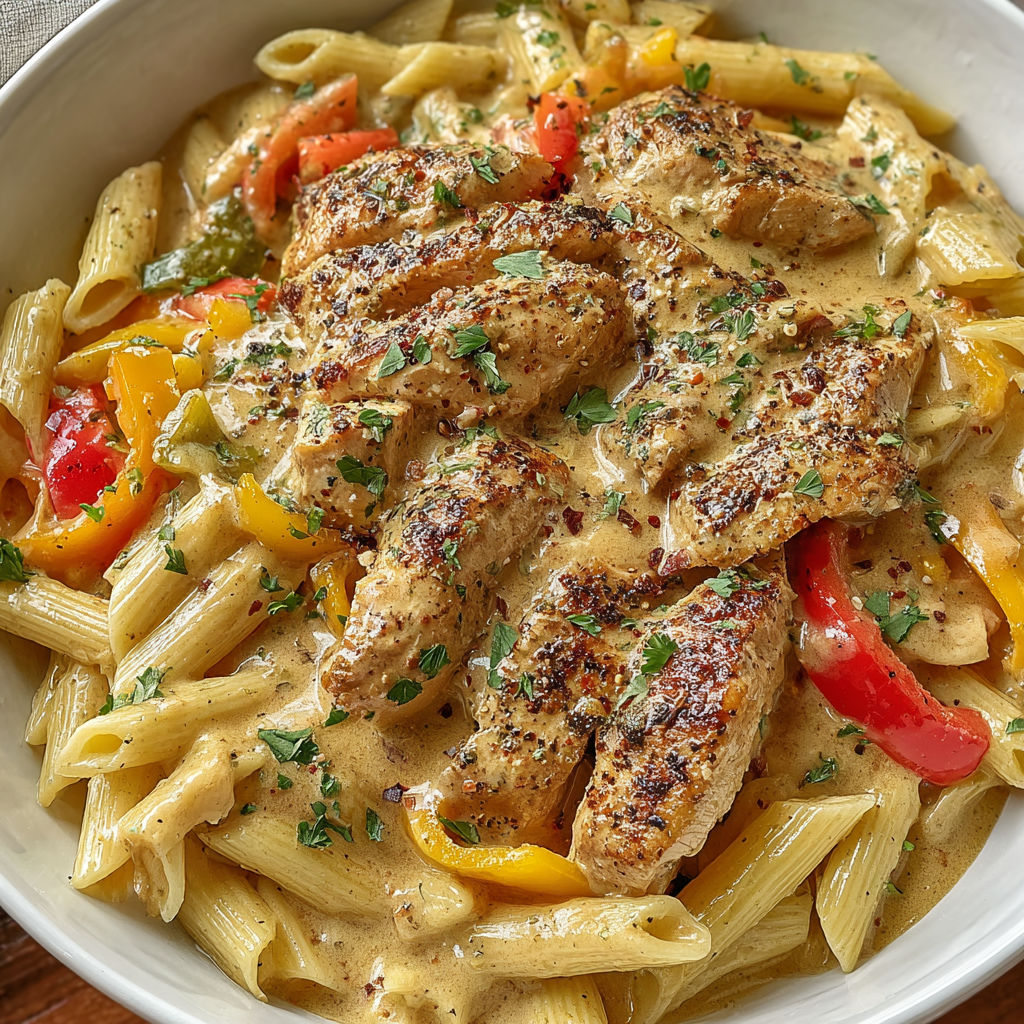 A bowl of pasta with chicken and peppers.