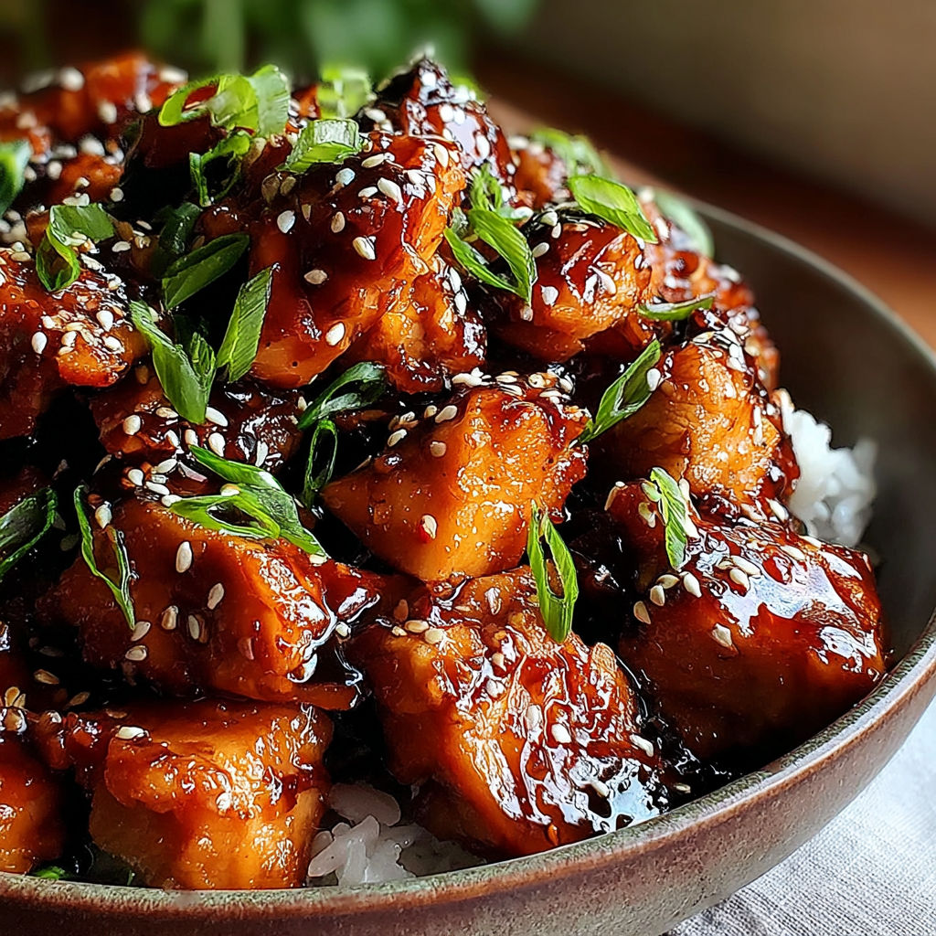 A bowl of teriyaki chicken with rice and green onions.