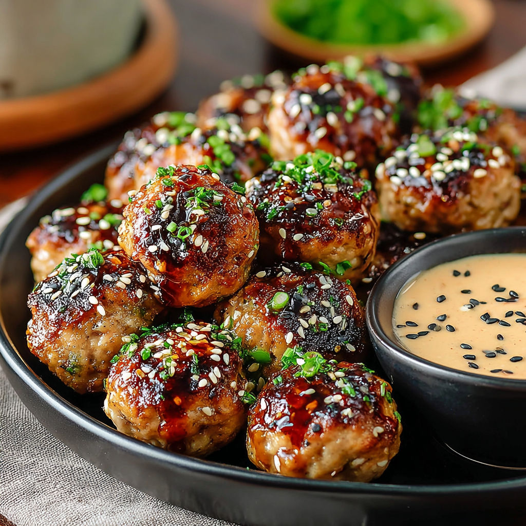 A plate of meatballs with a bowl of sauce.