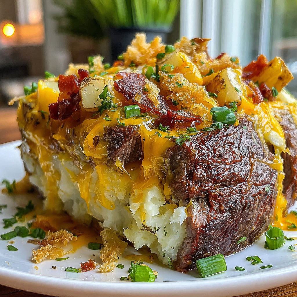 A close up of a potato with cheese and bacon on top.
