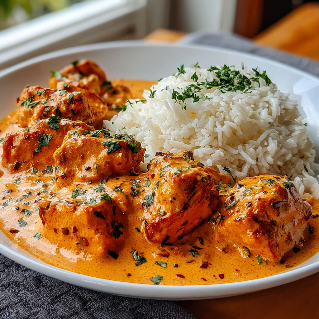 A plate of chicken tikka masala with rice.