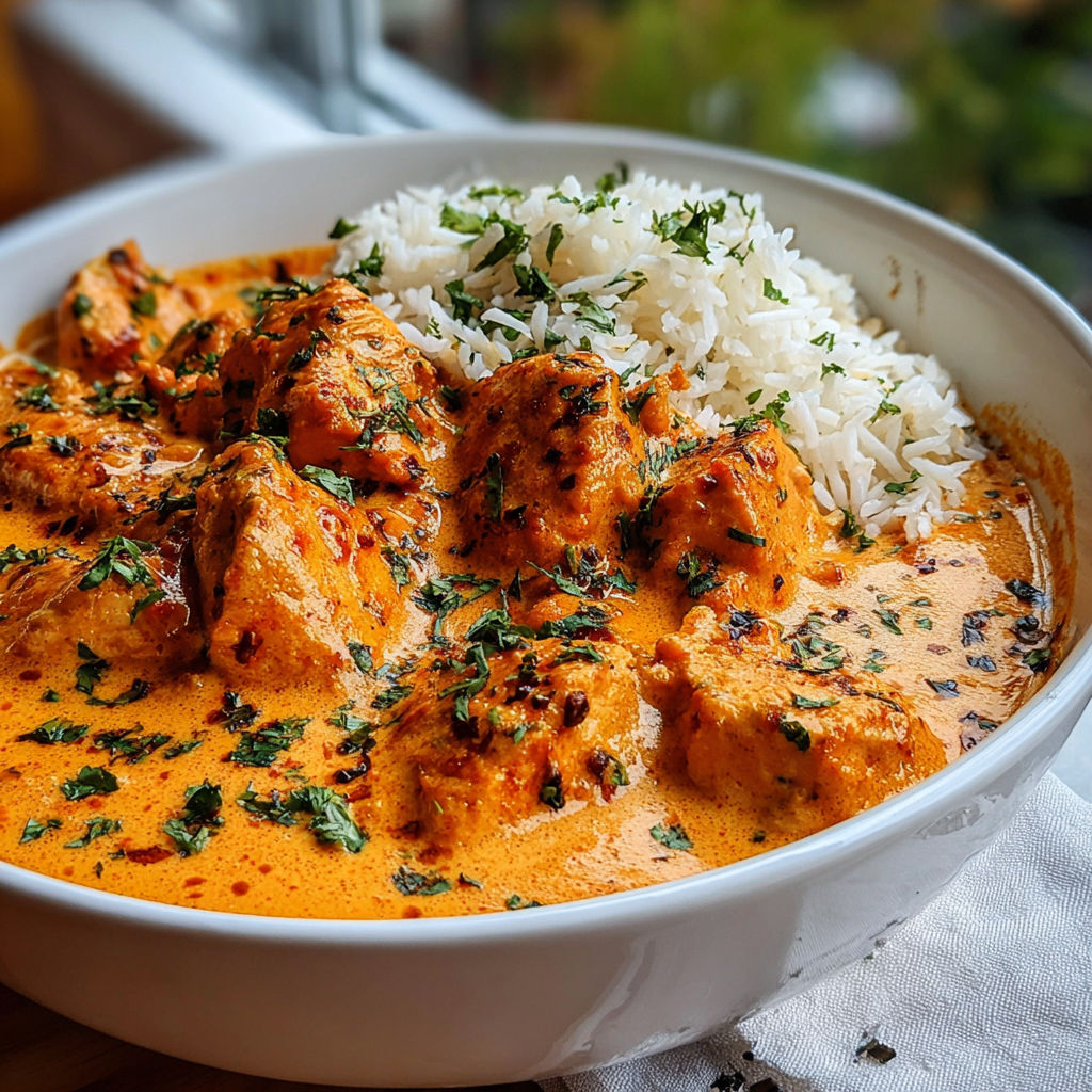 A bowl of chicken tikka masala with rice.