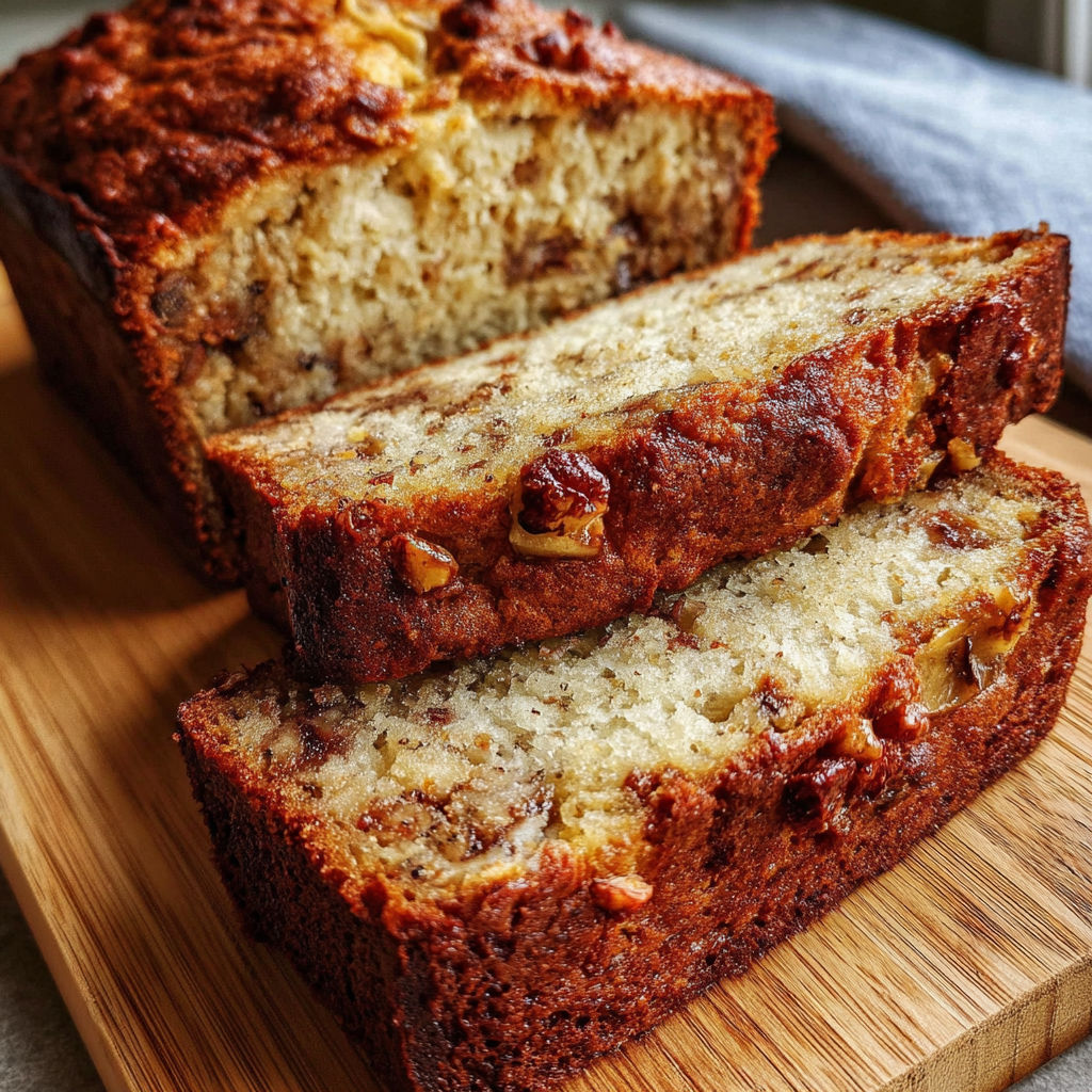 A slice of banana bread on a wooden cutting board.