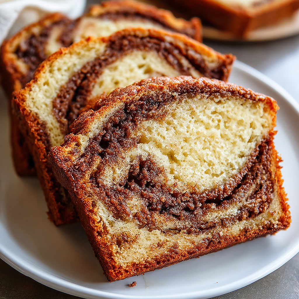 A slice of cinnamon swirl banana bread.