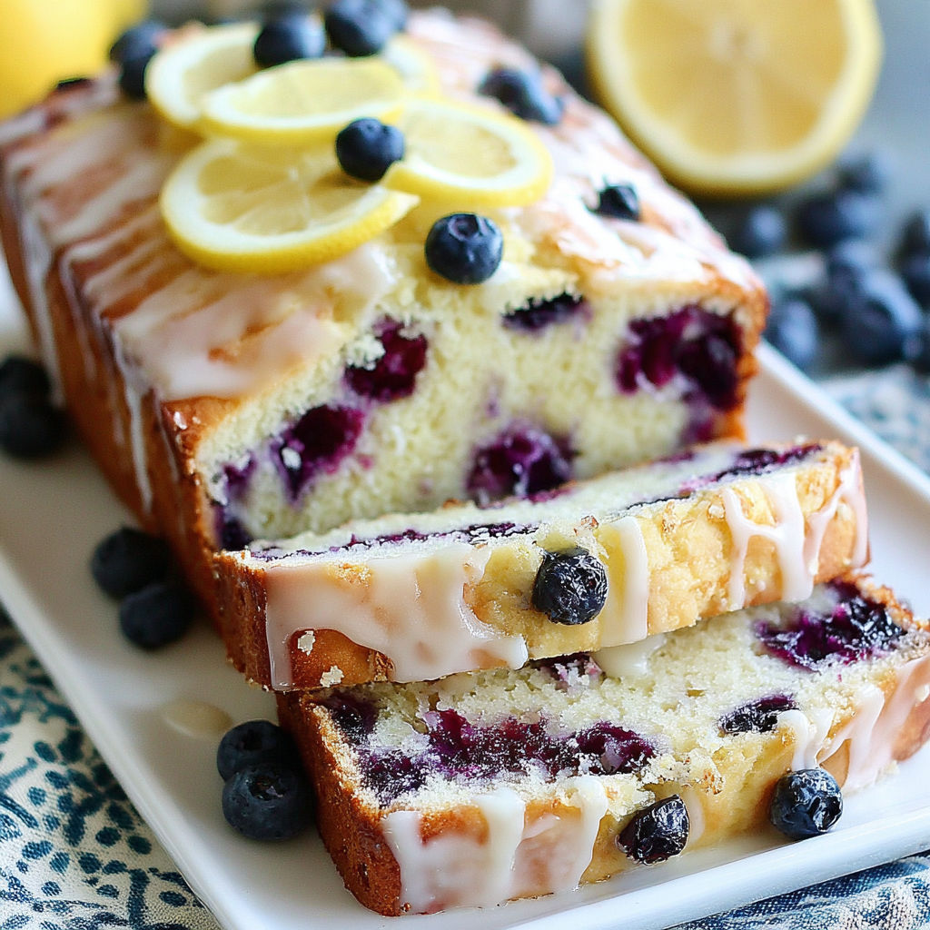 A slice of blueberry lemon bread with a lemon wedge on top.