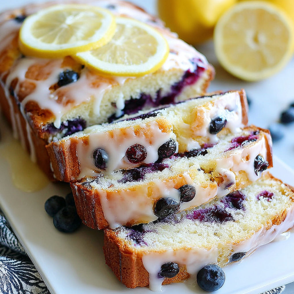 A slice of blueberry cake with lemon slices on top.