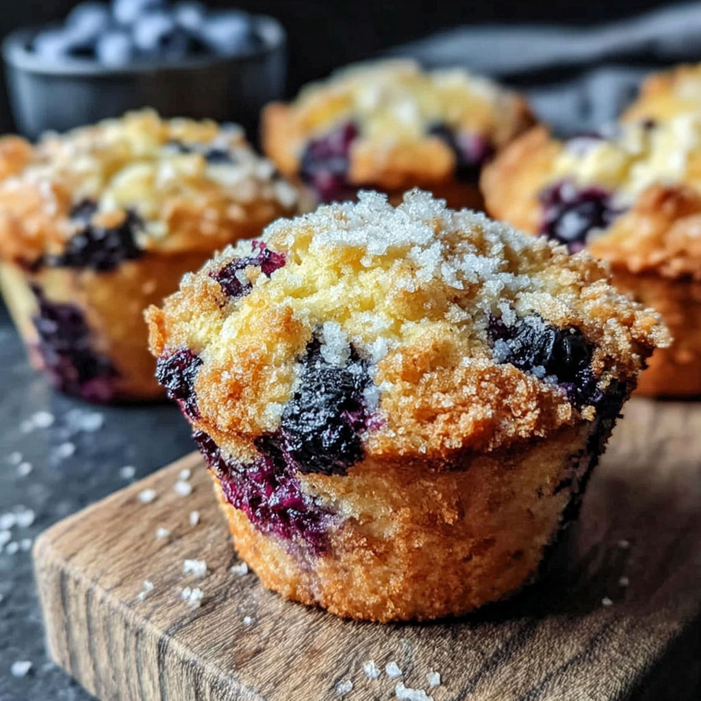 A close up of a blueberry muffin with powdered sugar on top.