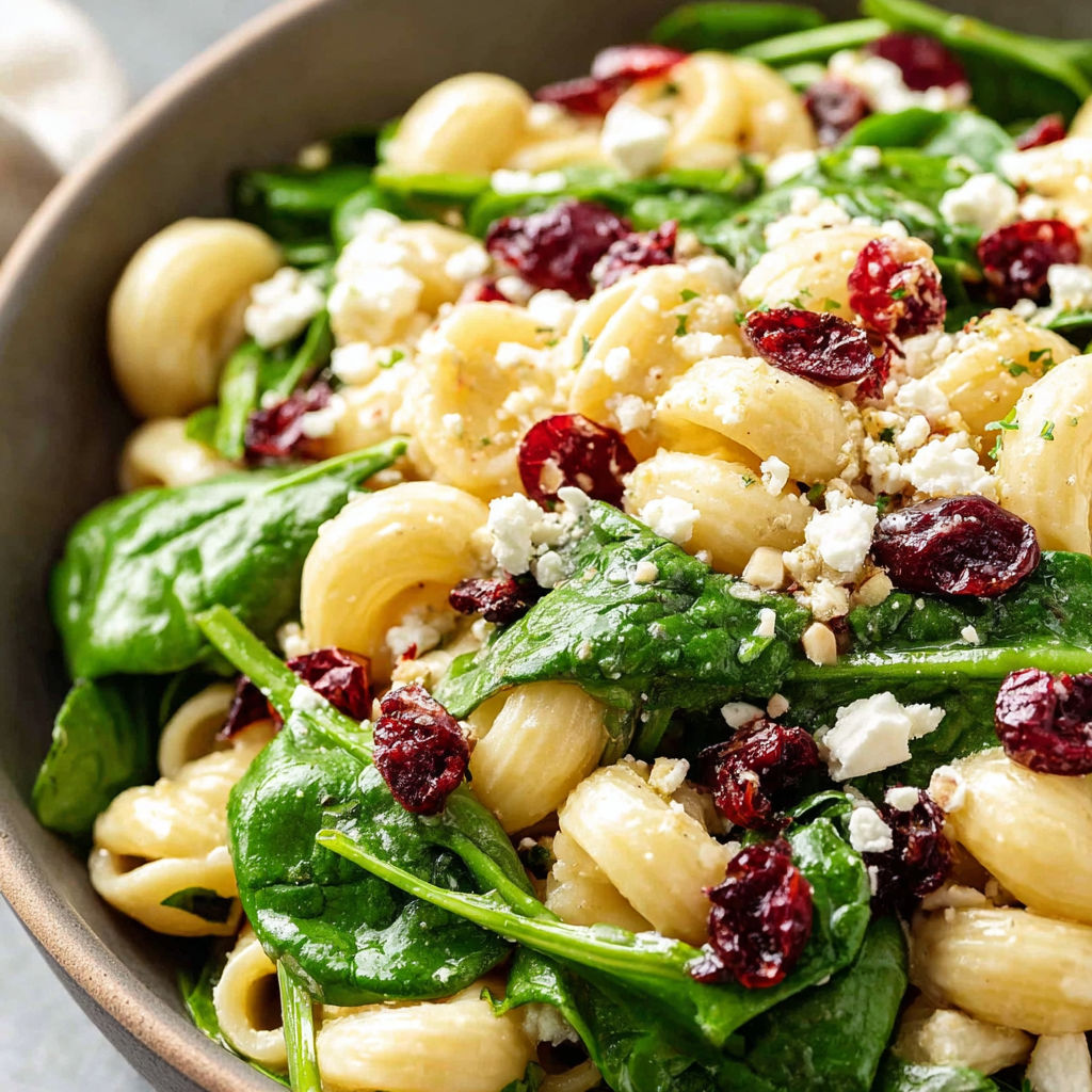 A bowl of pasta with spinach and cheese.