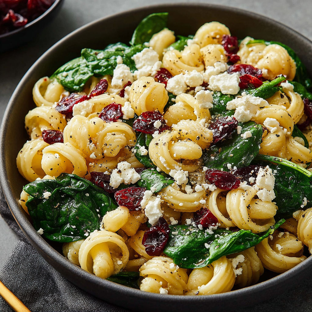 A bowl of pasta with spinach and cheese.