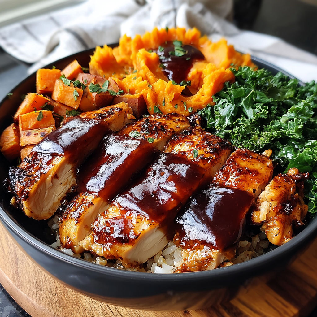 A bowl of BBQ chicken and sweet potatoes.