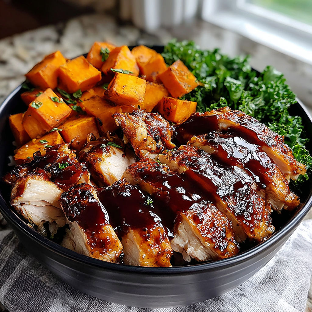 A bowl of BBQ chicken and sweet potatoes.