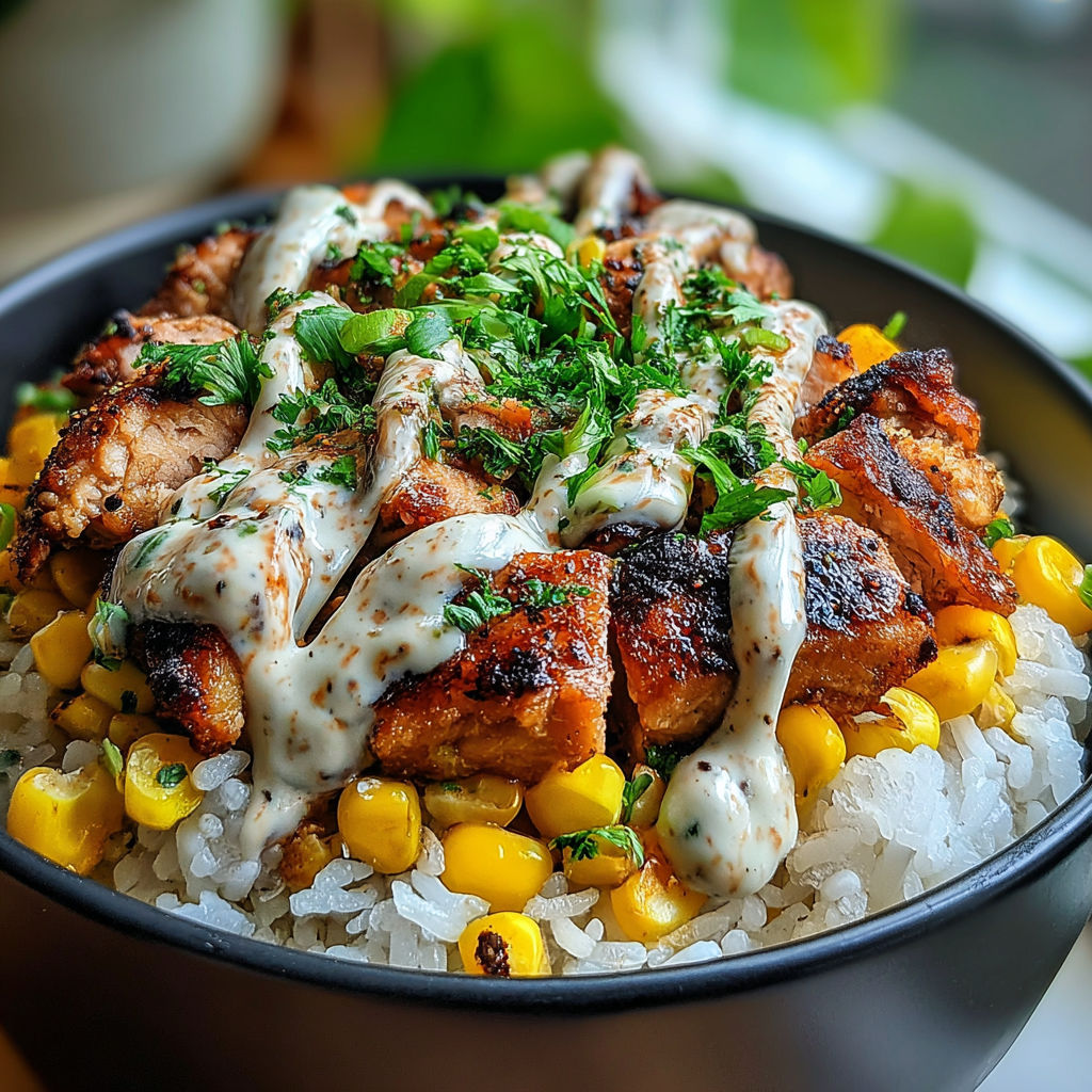 A bowl of food with rice, chicken, and corn.