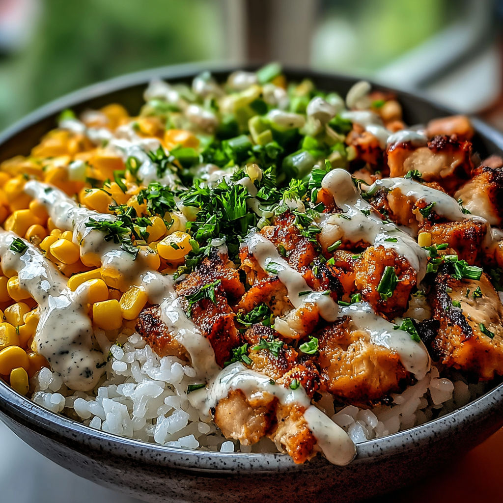 A bowl of food with rice, chicken, corn, and vegetables.
