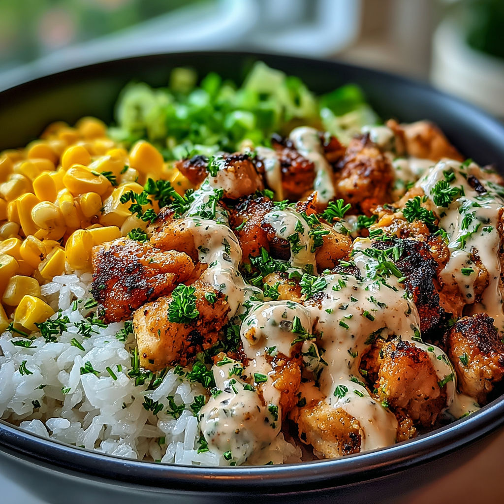 A bowl of food with rice, chicken, and vegetables.