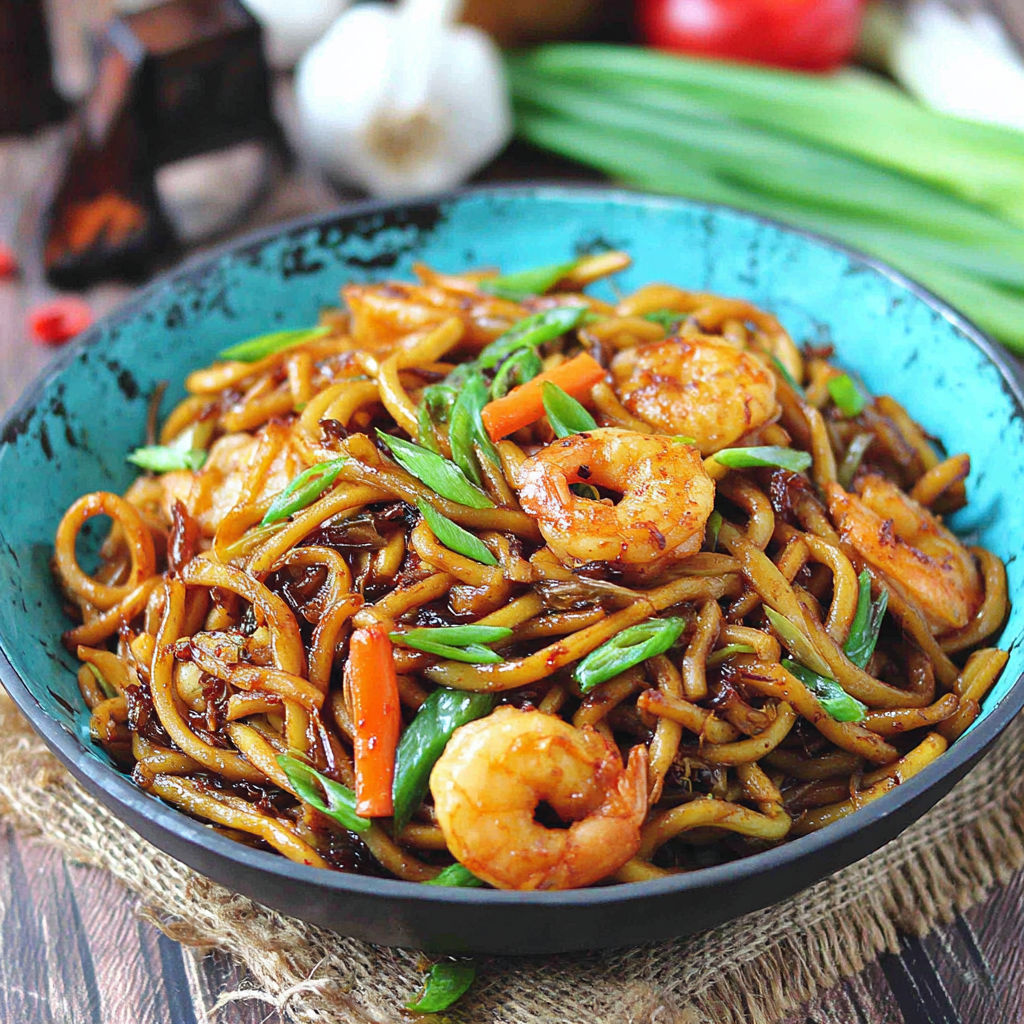 A bowl of Yaki Udon with Shrimp.