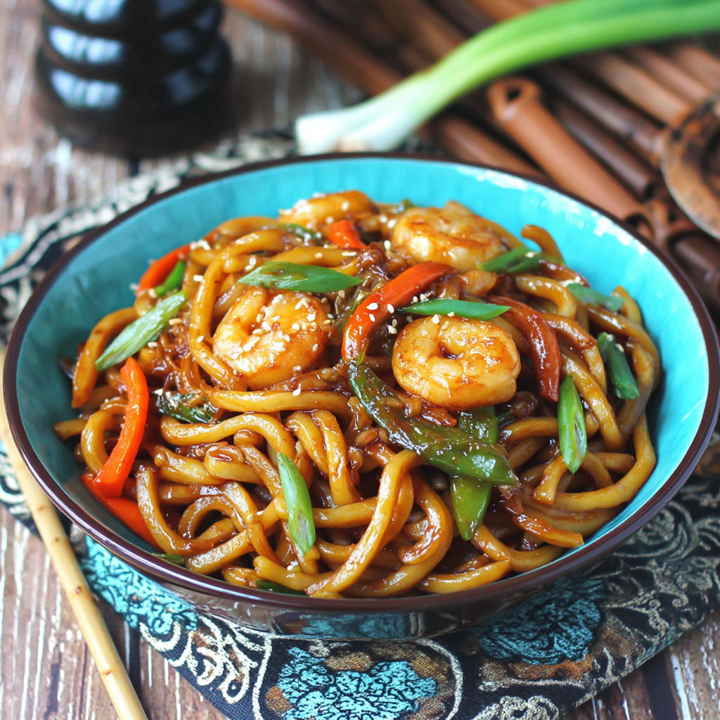 A bowl of Yaki Udon with Shrimp.